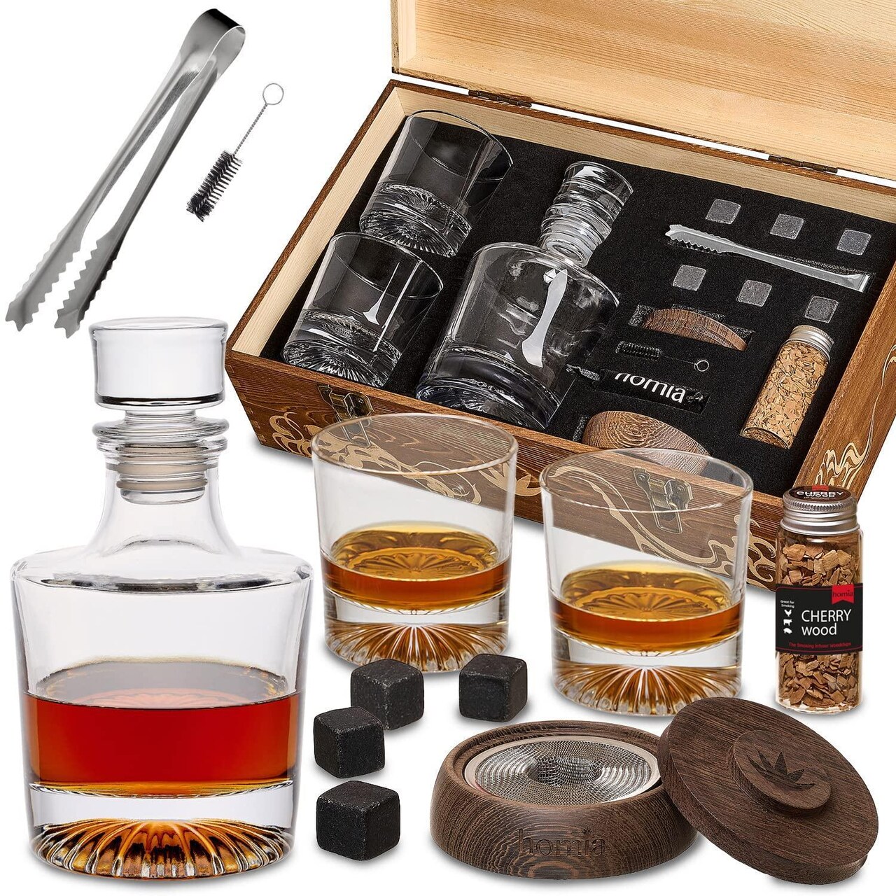 homia Whiskey Gift Set 14 pcs Whiskey Bottle and Old Fashioned Glasses 2 pcs Cocktail Smoker in Wodden Box with Wood Chips Whickey Stones 6 pcs included Gift for Men (Torch Not included)